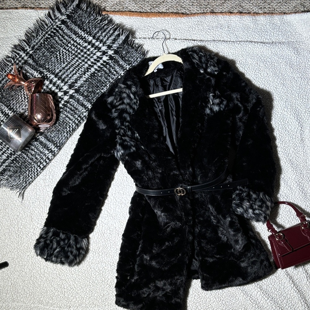 Elegant Black Teddy Jacket with Belt
